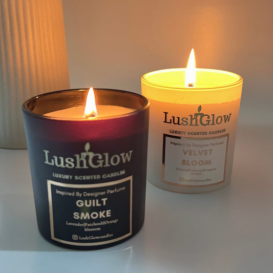 LushGlow Candle Set – Him & Her | Velvet Bloom & Guilt Smoke | Luxury Soy Gift Duo