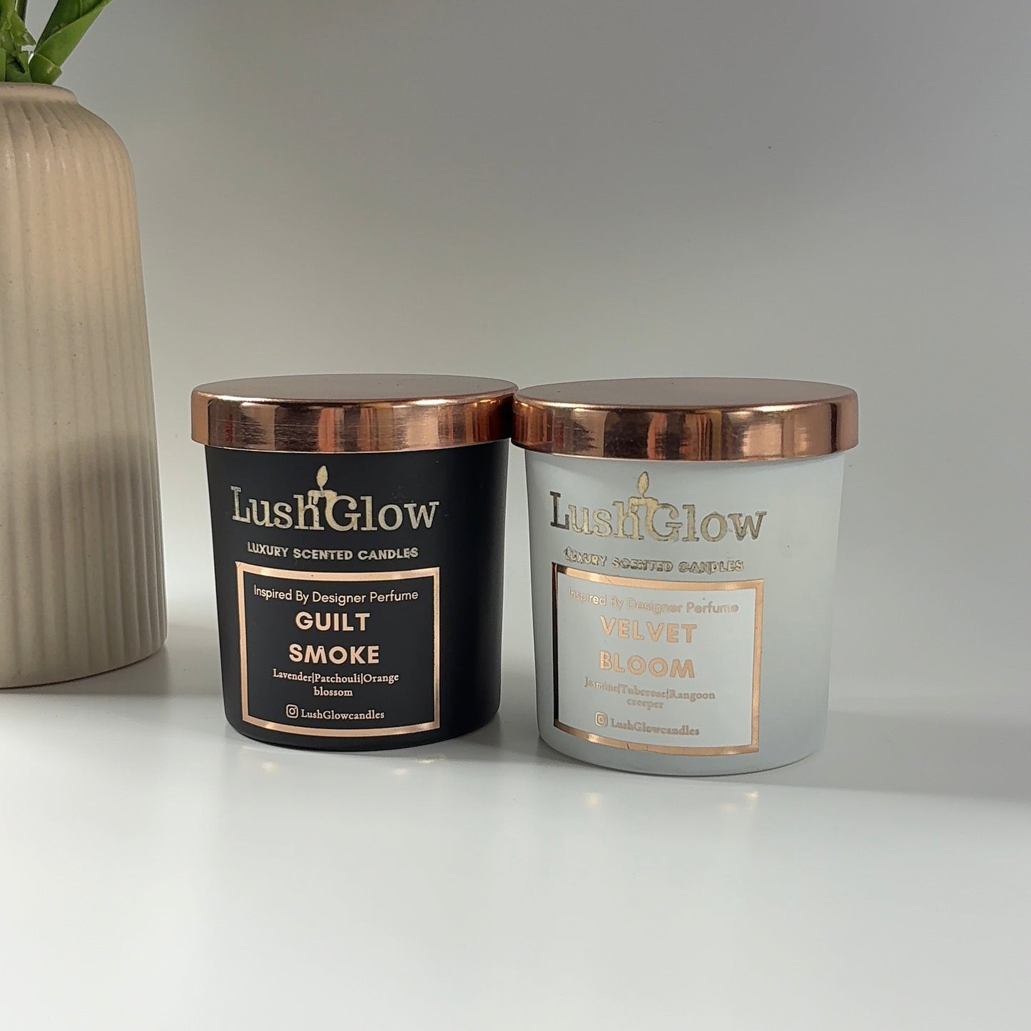 LushGlow Candle Set – Him & Her | Velvet Bloom & Guilt Smoke | Luxury Soy Gift Duo